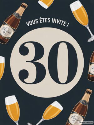 Image illustrant des bouteilles et flûtes de champagne autour du chiffre 30 sur un fond sombre. Ambiance festive.