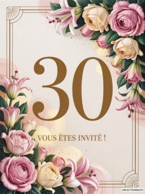 Invitation festive avec un grand 30 au centre, entourée de roses et de lys, sur un fond délicat.