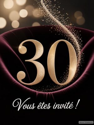 Chiffre 30 en relief sur fond sombre, entouré de poussières brillantes, sur un coussin velouté.