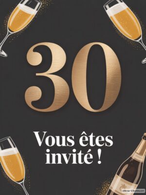 Design festif avec le chiffre 30 en doré, entouré de flûtes à champagne et d'une bouteille sur fond noir.