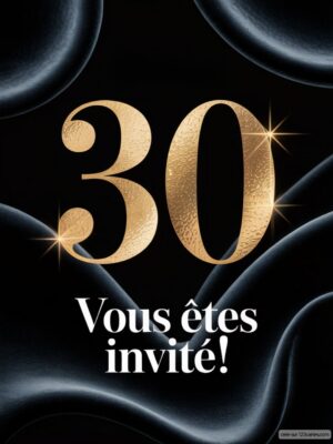 Chiffre 30 en doré sur fond noir, avec des motifs ondulés et éclats lumineux.