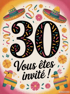 Invitation festive avec le chiffre 30, sombreros, fleurs et piñatas sur un fond en dégradé. Éléments festifs enjoués.