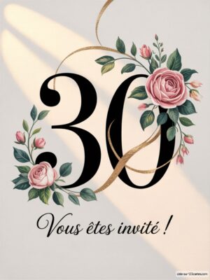 Image avec le chiffre 30 en lettres stylisées, entouré de roses et de feuillages, avec le texte Vous êtes invité ! en dessous.