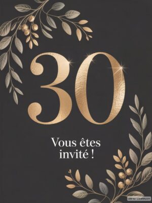 Invitation élégante avec le chiffre 30 en relief, ornée de feuilles dorées sur fond noir. Texte central festif.