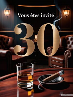 Une pièce élégante avec fauteuils en cuir, un verre de whisky, un cigare et le chiffre 30 sur fond sombre.