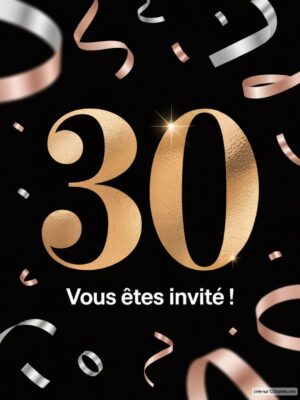 Grand chiffre 30 en rose doré sur fond noir, entouré de serpentins et confettis en argent et blanc.