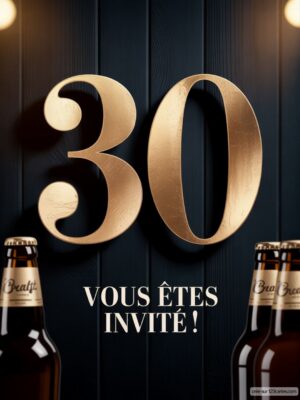 Un grand chiffre 30 doré placé sur un mur noir, entouré de bouteilles de bière.