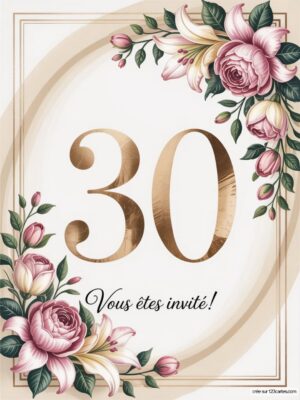 Invitation élégante avec le chiffre 30 en doré, entouré de fleurs roses et vertes sur un fond clair.