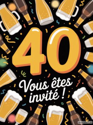 Un fond noir avec des bouteilles et des verres de bière autour du chiffre 40 en grand, accompagné d'un texte d'invitation.