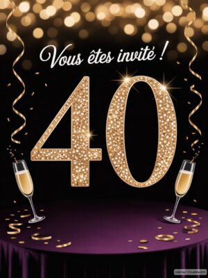 Le chiffre 40 en paillettes avec des flûtes de champagne sur une table, décoré de serpentin et de confettis.