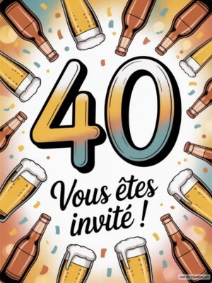 Nombre 40 entouré de bouteilles et verres de bière sur fond festif avec le texte « Vous êtes invité ! » en bas.