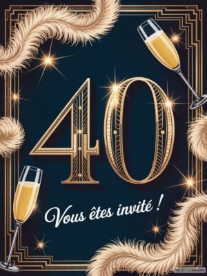 Un fond noir avec le chiffre 40 en doré, entouré de plumes et de coupes de champagne. Texte en bas invitant à célébrer.