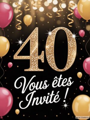 Chiffre 40 en sequins dorés sur fond noir, avec des ballons roses et dorés, décoratif pour une fête.