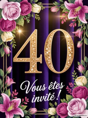 Grand chiffre 40 en doré, entouré de roses et feuillages sur fond violet avec un message d'invitation en bas.