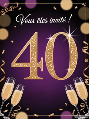 Un fond violet avec le chiffre 40 en paillettes dorées, entouré de flûtes à champagne et de confettis.