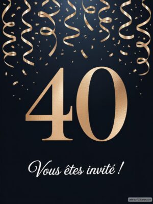 Grand chiffre doré 40 sur fond noir avec des serpentins blancs tombant du haut de l'image.