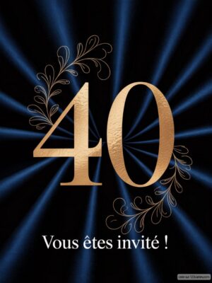 Le chiffre 40 en or, entouré de motifs élégants, sur fond noir avec des rayons lumineux.