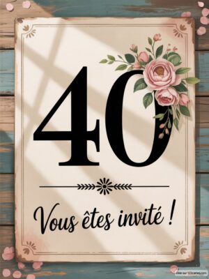 Plaque décorative avec le chiffre 40 en grandes lettres, entourée de fleurs roses et sur un fond en bois.