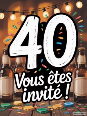 Un panneau festif avec le chiffre 40, entouré de bouteilles de bière et de jetons, sous des guirlandes lumineuses.