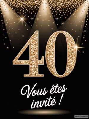Chiffre 40 brillant sur fond noir avec des effets de lumière, accompagné de la mention d'une invitation.