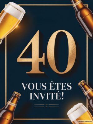 Un fond bleu profond avec le chiffre 40 en or, entouré de verres de bière et d'une inscription invitant à une célébration.