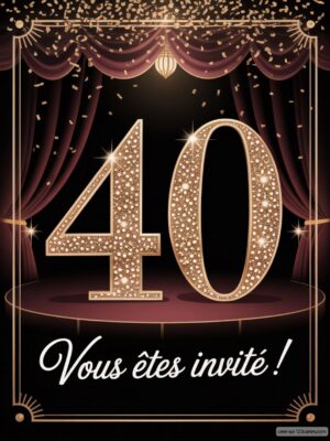 Chiffres dorés en 3D représentant le 40, avec un fond de rideaux et des confettis brillants.