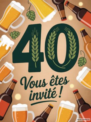 40 entouré de différentes bières, verres et houblon sur un fond beige. Texte festif au centre de l'image.