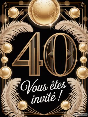 Illustration festive avec le chiffre 40, des plumes blanches et des boules dorées sur fond noir.