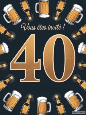 Illustration festive avec le chiffre 40 entouré de verres de bière et de bouteilles sur un fond sombre.