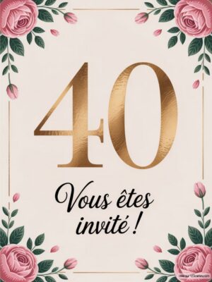 40 en doré sur fond clair, entouré de roses et de feuillage, avec le texte « Vous êtes invité ! » en noir.