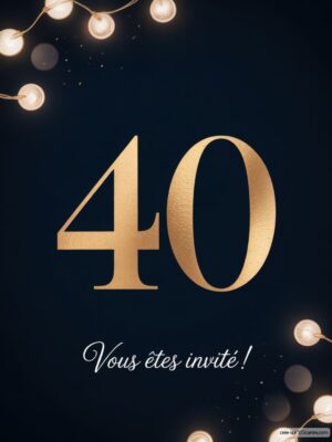 Grand chiffre 40 en doré sur fond sombre, entouré de guirlandes lumineuses et d'une inscription en bas.