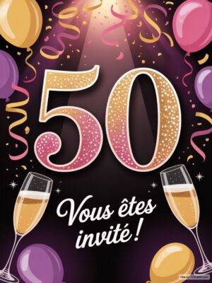 Un grand chiffre 50 en paillettes avec des ballons et des serpentins, accompagné de flûtes de champagne sur un fond sombre.