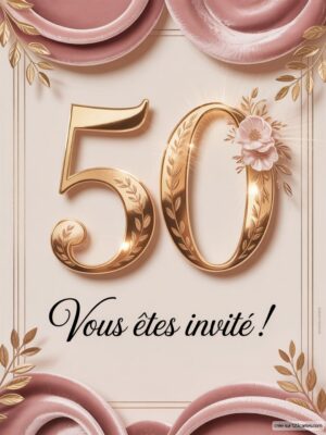 Chiffre 50 en doré, embellie de feuilles et d'une fleur, sur fond crème avec des motifs de drapé rose. Texte d'invitation en bas.