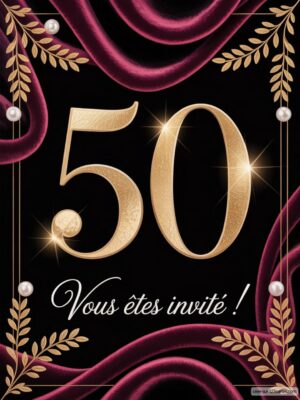 Fond noir avec des drapés et des motifs floraux, le chiffre 50 en doré, entouré de perles et d'étoiles brillantes.