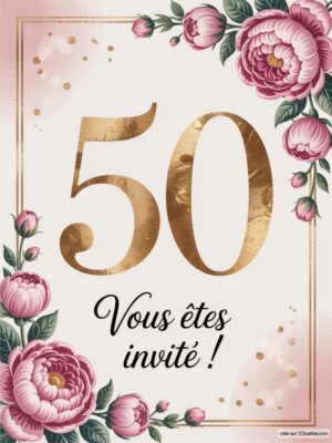 Un cadre décoratif avec des fleurs et le chiffre 50 en doré, accompagné du texte d'invitation.