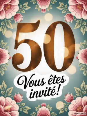 Un grand numéro 50 au centre, entouré de fleurs et d'une inscription en noir sur fond clair. Éléments festifs et élégants.