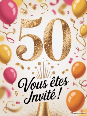 Un grand chiffre 50 doré avec des confettis, des ballons et un texte festif au centre sur fond clair.