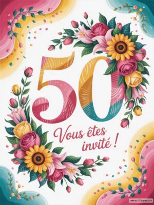 Un fond noir avec des ballons et des confettis dorés, affichant le numéro 50 en paillettes et le texte d'invitation.