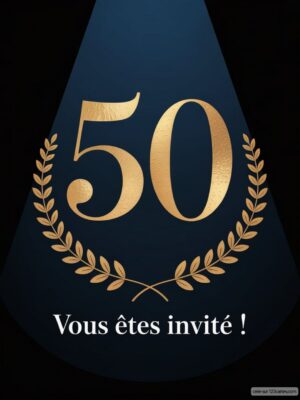 Le chiffre 50 en doré entouré de lauriers sur fond noir, avec un texte en dessous annonçant une invitation.
