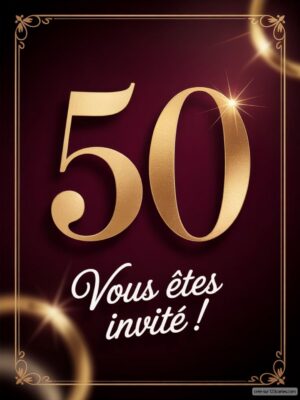 Un grand chiffre 50 en doré sur fond bordeaux avec une typographie élégante et des éléments décoratifs.