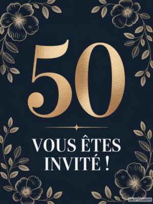 Nombre 50 en doré sur fond bleu, entouré de fleurs blanches et d'un message d'invitation.