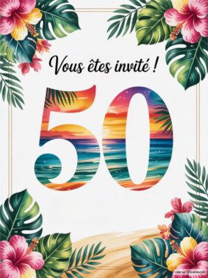Numéro 50 décoré de motifs tropicaux, fleurs et feuillage, avec un fond évoquant la mer et le sable.