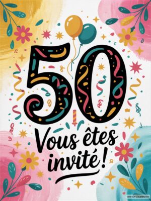Le nombre 50 stylisé avec des ballons et des motifs floraux, annonçant une célébration ou un événement festif.