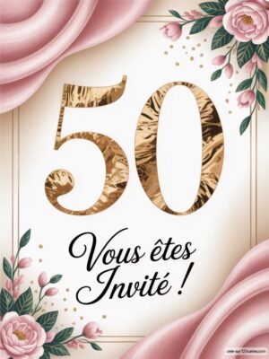Cinquante avec un effet doré, accompagné de fleurs roses, sur un fond clair et des détails élégants.