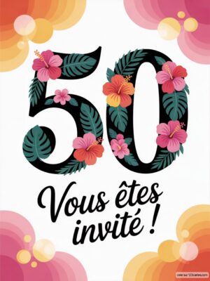 Dessin des chiffres 50 ornés de fleurs et de feuilles, avec un message d'invitation stylisé en dessous.