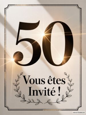 Un grand chiffre 50 en noir, accompagné d'un texte invitant à célébrer, entouré de motifs floraux élégants.