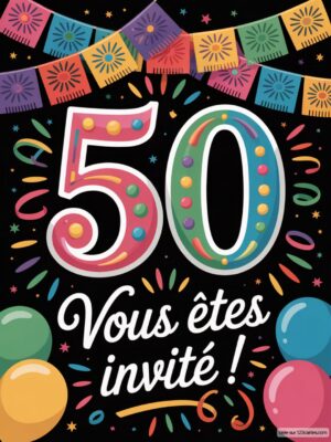Un grand 50 décoré avec des motifs festifs, entouré de ballons et de guirlandes pour célébrer un anniversaire.