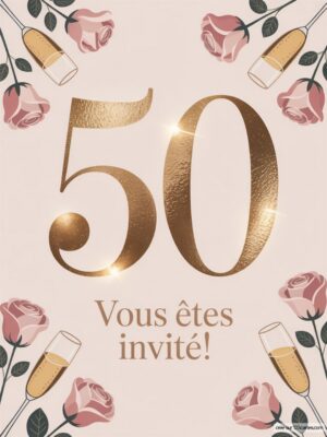Un grand chiffre 50 en doré avec des roses et des flûtes de champagne sur un fond doux, célébrant un anniversaire.