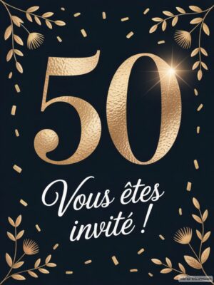 Détails en or sur fond noir avec le chiffre 50 et un texte d'invitation festif entouré de motifs floraux.