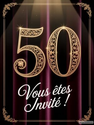 Un fond sombre avec des rideaux rouges met en avant le chiffre 50 en lettres dorées et un texte d'invitation en dessous.